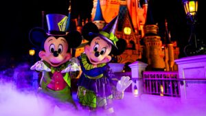 Mickey Mouse and Minnie Mouse in their Halloween Costumes at Magic Kingdom for Mickey